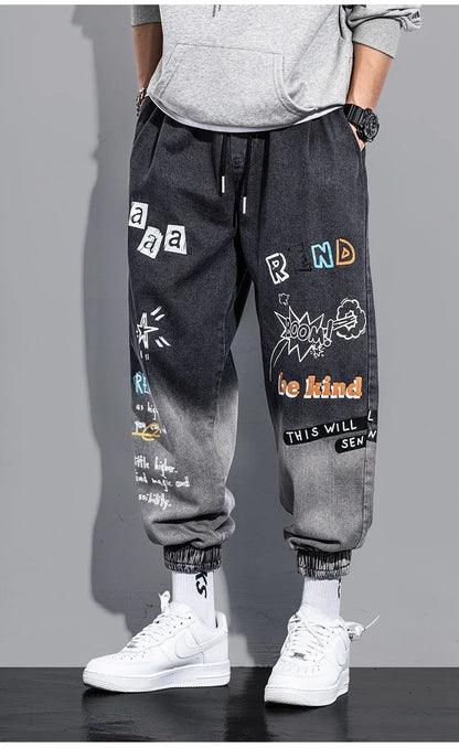 Printing Jeans Men's Gradient Hip Hop Trousers Harem Cartoon Loose Casual Ankle Banded Pants Cargo Denim Jeans Fashion