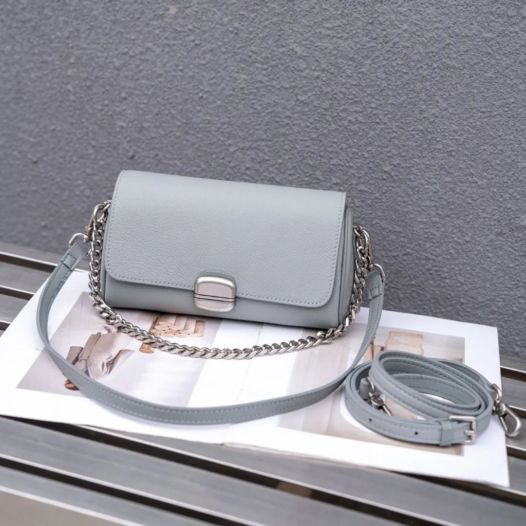 Supple Genuine Leather Women's Barrel Crossbody Bag - Commuter-Friendly Small Chain Strap Shoulder Bag for Everyday Chic