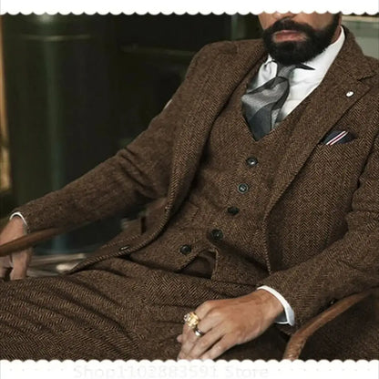 3 Piece (Jacket +Vest +Pants) Gray Wool Tweed Winter Men Suit's For Wedding Herringbone Male Formal Groom Tuxedo Fashion