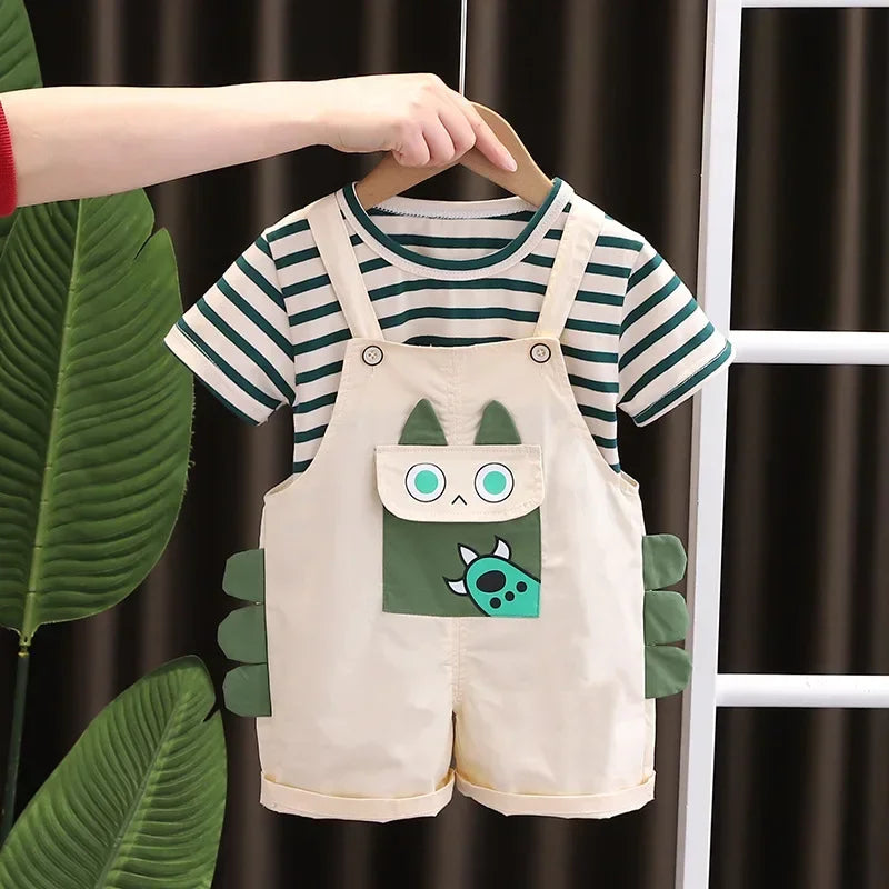 New Summer Kids Baby Clothing Boy T-shirt Bib Shorts 2Pcs/Set Toddler Fashion Infant Children Clothes Suits 0-5 Years