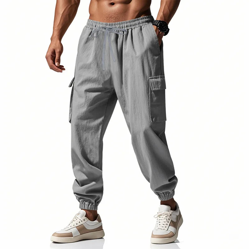 2026 New men's casual multi-pocket trousers male closed-placket tethered cotton and linen straight-leg leggings Men Mens