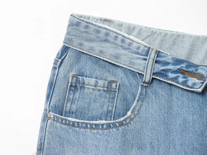 2025 women's new street fashion fold waist mid waist washed ripped jeans loose version of the floor-length pants