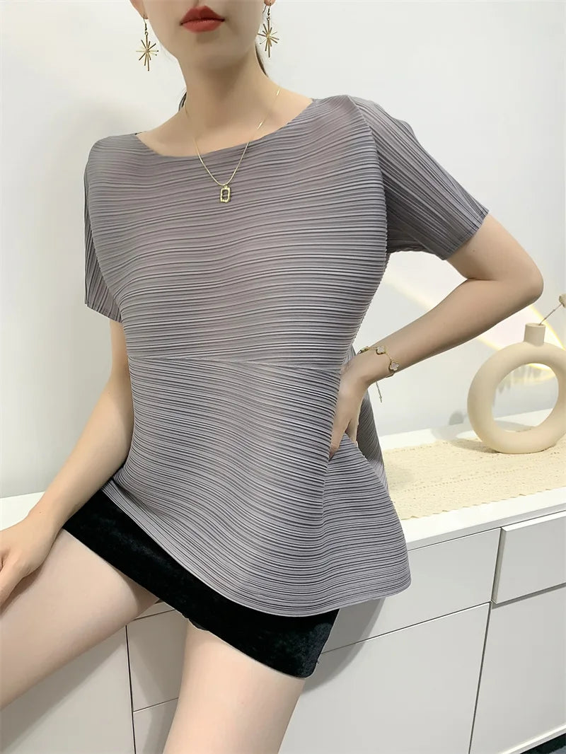 Miyake Irregular Short Sleeve Pleated Top Simple Loose Plus Size with Stretch T-Shirt Vacation Office Clothing Polyester Crepe