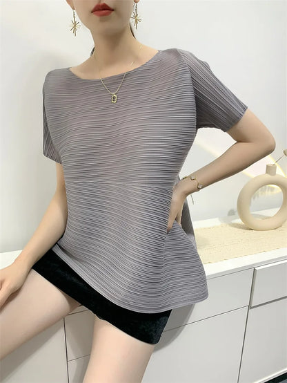 Miyake Irregular Short Sleeve Pleated Top Simple Loose Plus Size with Stretch T-Shirt Vacation Office Clothing Polyester Crepe