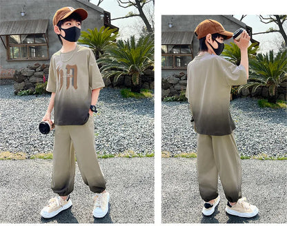 Summer Boys Leisure Gradient T-Shirt Top+Loose Sweatpant Workout Set School Kids 2PCS Tracksuit Children Vacation Outfit 5-16 Yr