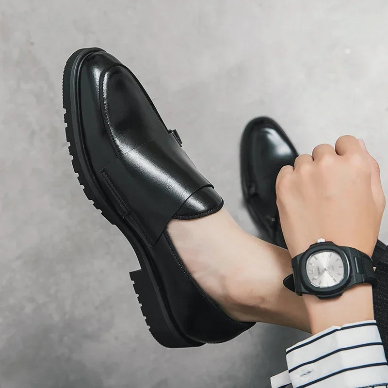 Men Fashion Formal Handmade Monk Shoes Derby  Dress Leather Gentleman Double Buckles Monk Shoes Pointed Wedding Shoes 2024