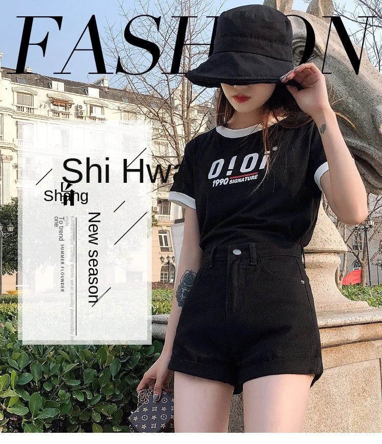High-Waist Cuffed Denim Shorts Women Summer Korean Style Student Loose Slimming Outerwear A-Line Wide Leg Hot Pants Y2K Shorts