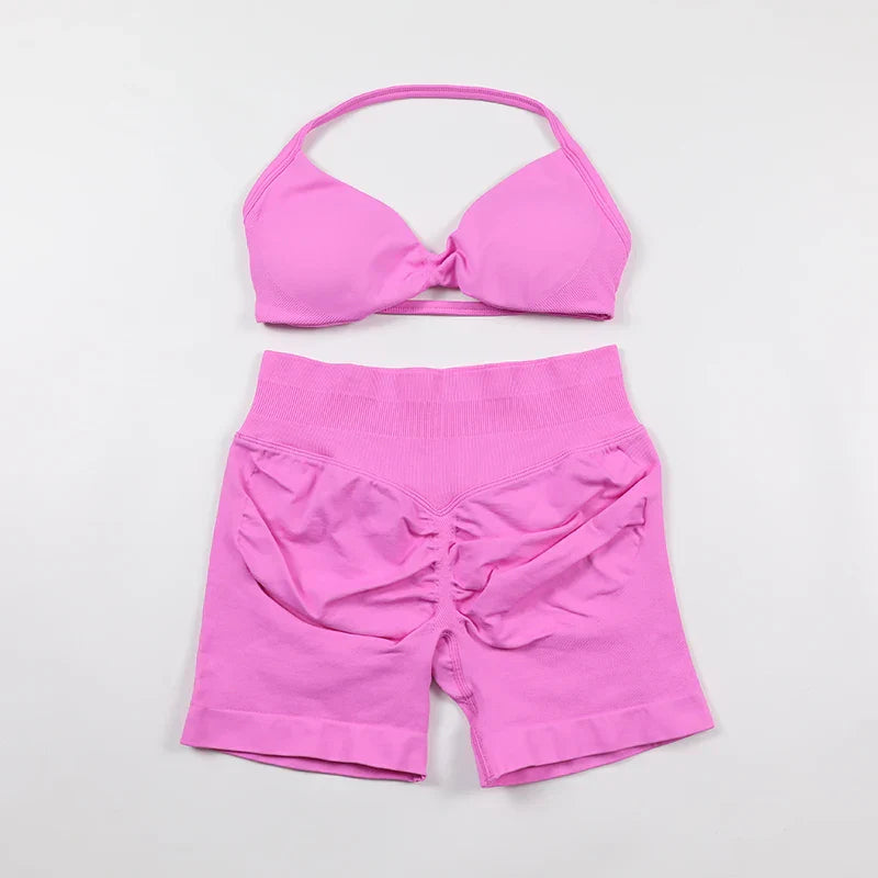 Scrunch Seamless Yoga Set Women Sportswear Ribbed Gym Shorts Strappy Sports Bra 2 Piece Set Halter Workout Clothes Fitness Suit