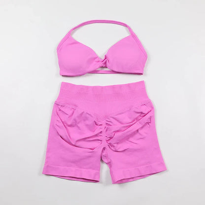 Scrunch Seamless Yoga Set Women Sportswear Ribbed Gym Shorts Strappy Sports Bra 2 Piece Set Halter Workout Clothes Fitness Suit