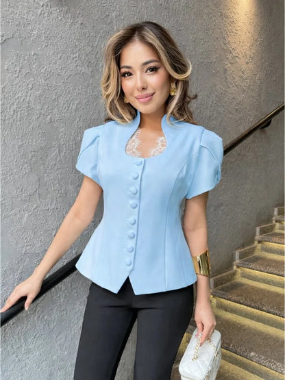 Women 2026 Spring Summer Lace Detail Blouse Stand Collar Puff Short Sleeve Fitted Waist Button Front Elegant Office Blazer