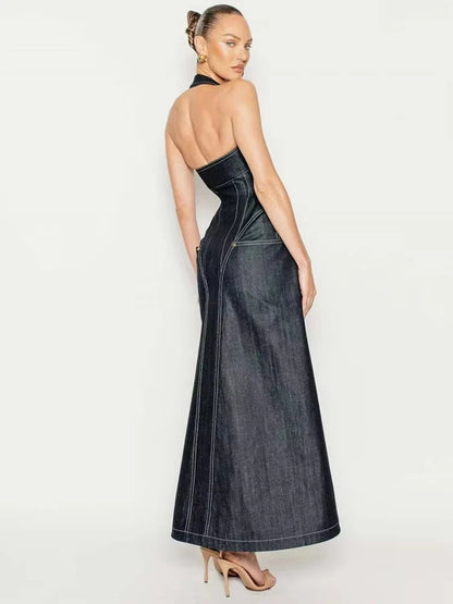 2025 New Women Celebrity Sexy Backless Halter Blue Zipper Denim Maxi Long Gowns Dress Elegant Evening Party Club Vestido