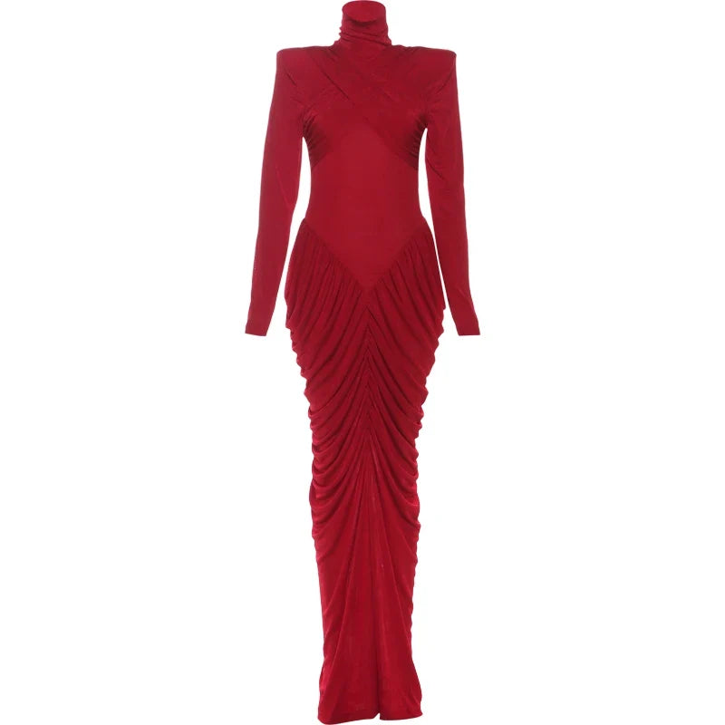Autumn New Style Maxi Dress Women Turtleneck Full Sleeve Backless Skinny Stretch  Prom Party Ruched Elegant Vestidos