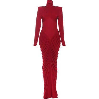Autumn New Style Maxi Dress Women Turtleneck Full Sleeve Backless Skinny Stretch  Prom Party Ruched Elegant Vestidos