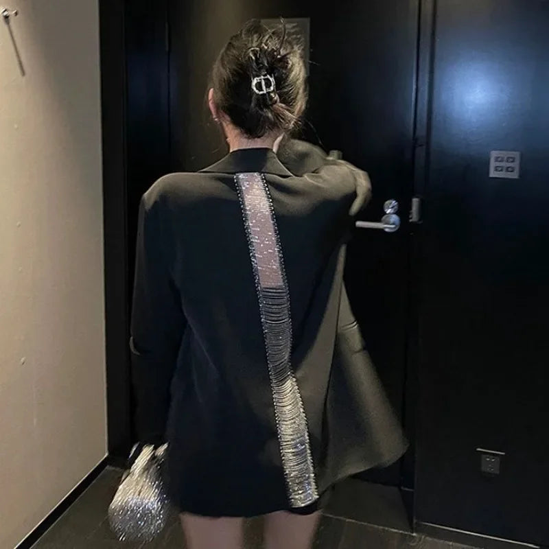 Premium Black Blazer for Women Spring Autumn New Arrival Sexy Backless Chain Accent Oversized Single Button Chic Feminine Design