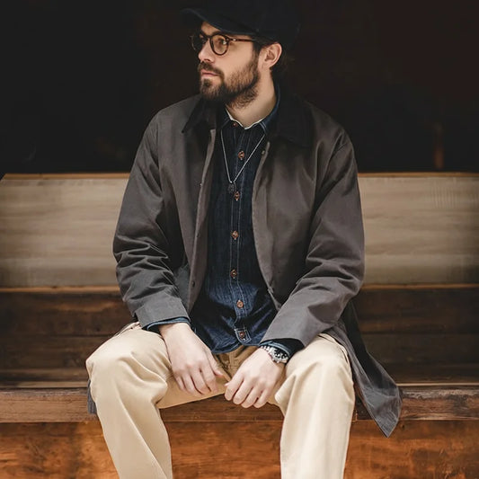 Men's Vintage Waxed Windbreaker Corduroy Turn-down Collar Mid-length Overcoat Windproof and Waterproof Trench Loose Jacket