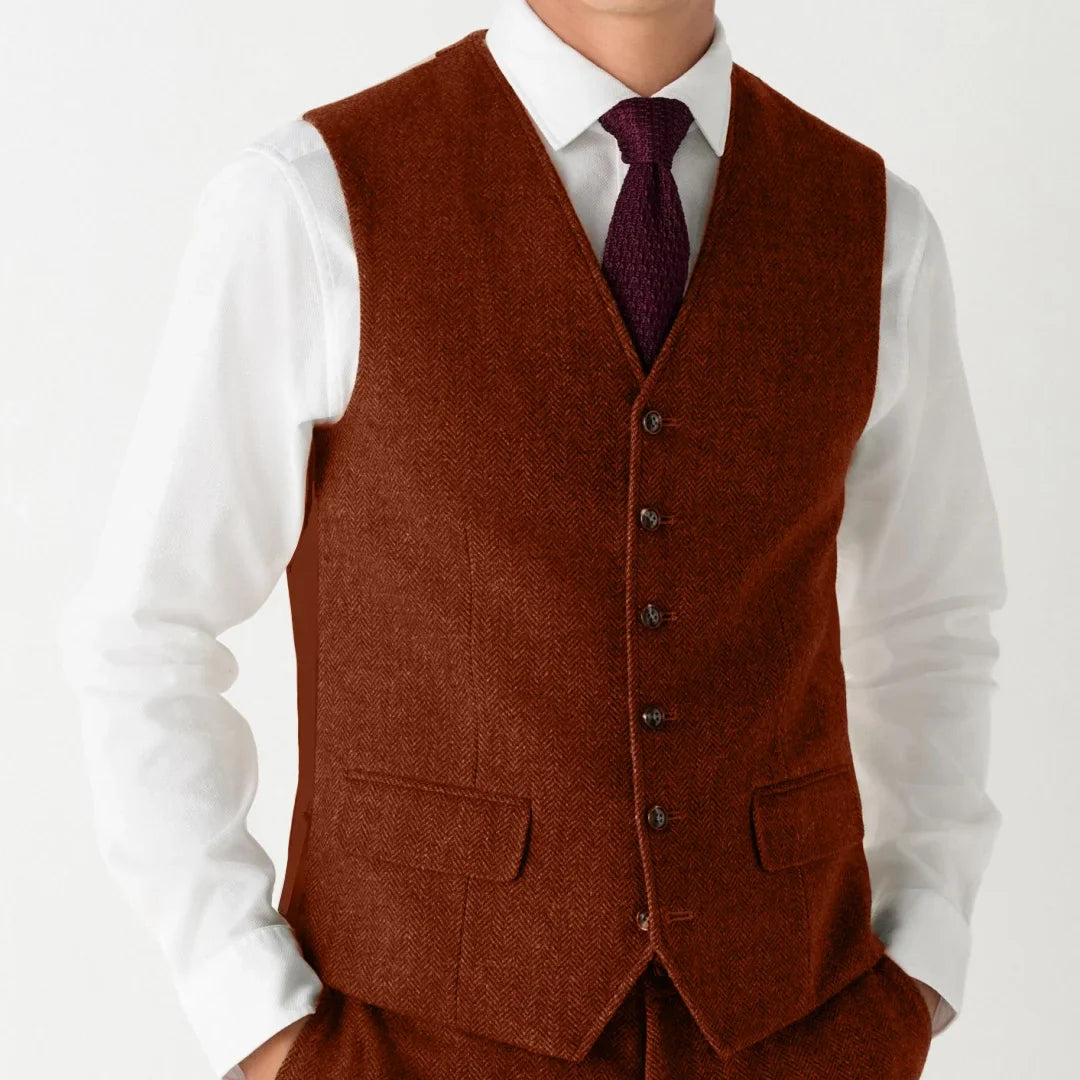 Men Vest Coffee Herringbone Single Button V Neck Waistcoat For Wedding Banquet Office Business Work Daily Casual Men Suit Vest