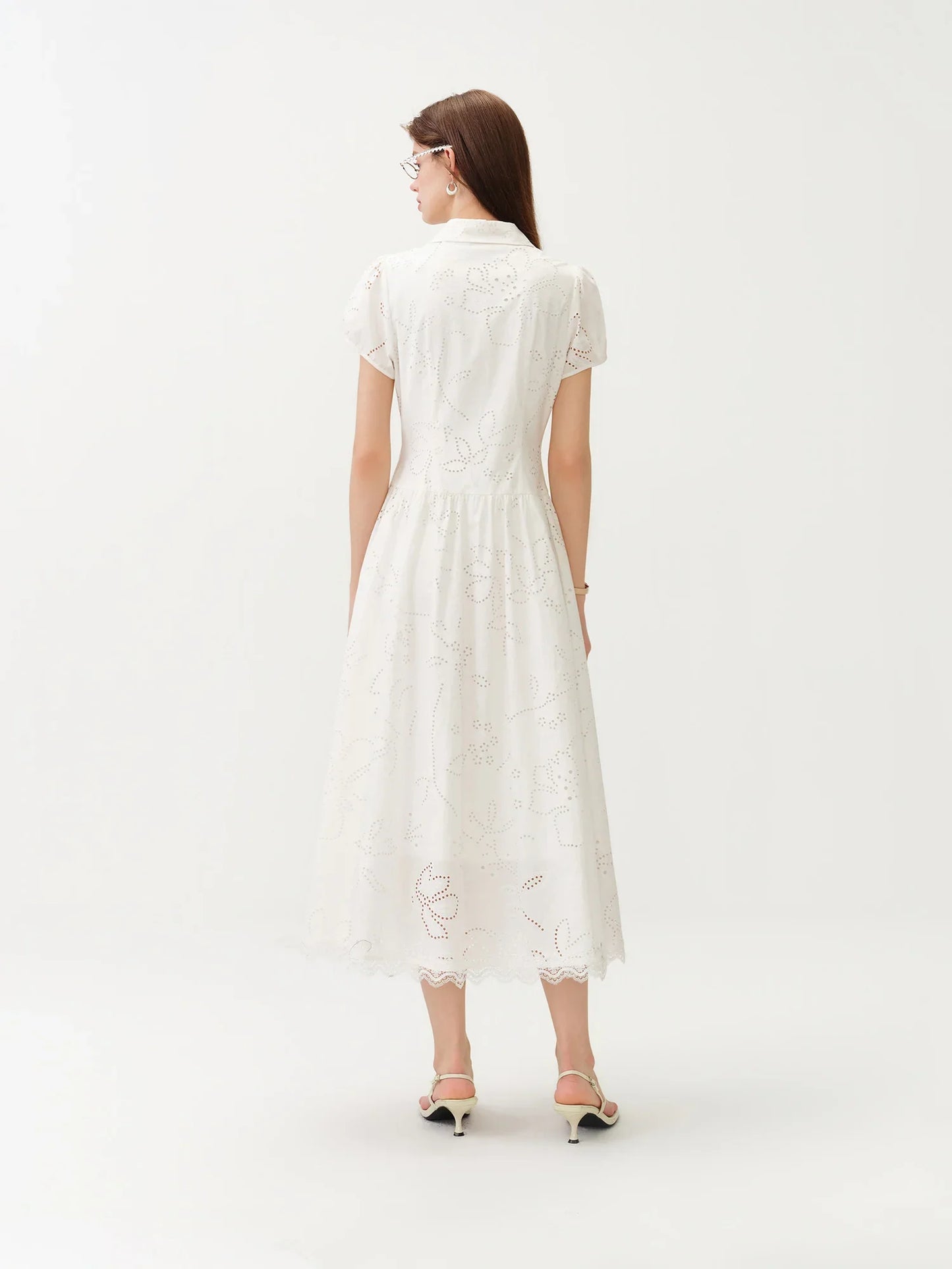 Women's Light French Style Cotton Lapel Hollow-out Print Waist-Fitted Short Sleeve Shirt Dress 2026 Summer New Arrival