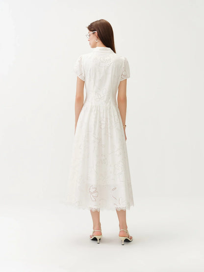 Women's Light French Style Cotton Lapel Hollow-out Print Waist-Fitted Short Sleeve Shirt Dress 2026 Summer New Arrival
