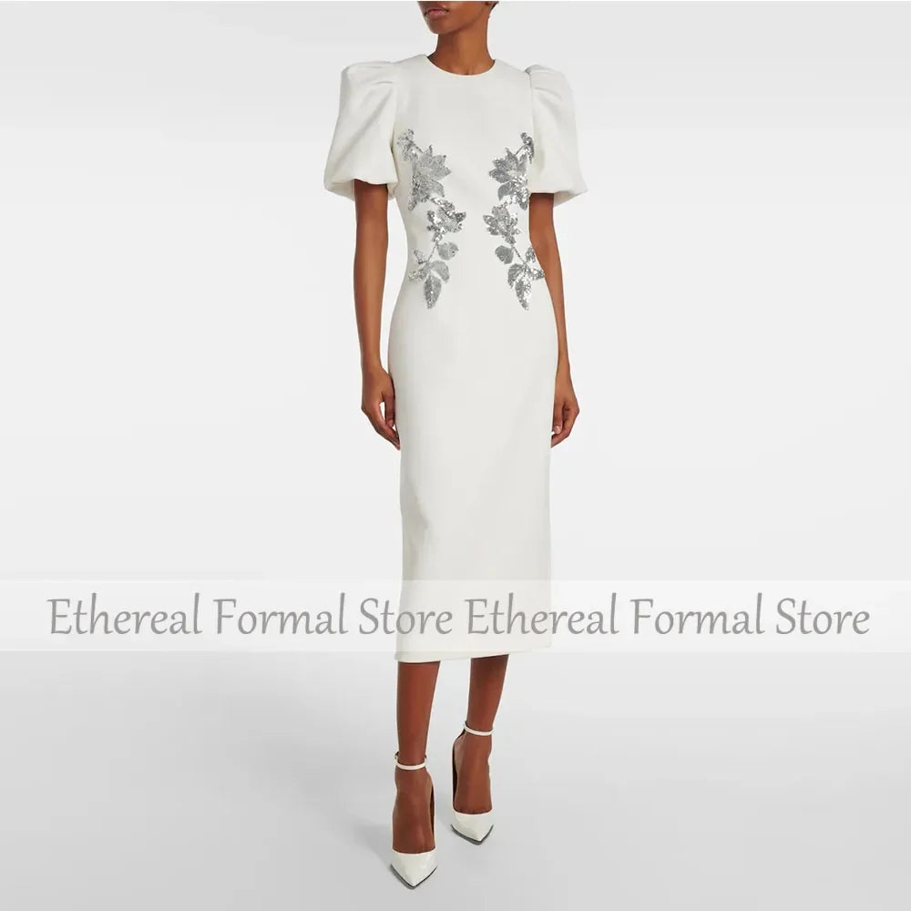 Fashion Ivory Evening Gown For Women Sheath Formal Party Dress Tea Length Short Sleeves Prom Dress Sequin Appliques Saudi Dress