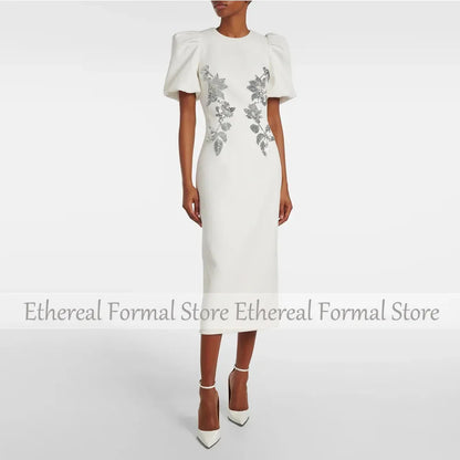 Fashion Ivory Evening Gown For Women Sheath Formal Party Dress Tea Length Short Sleeves Prom Dress Sequin Appliques Saudi Dress