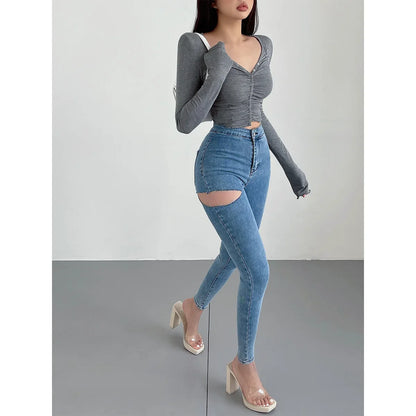 American Spicy Girls Sexy Hole Jeans Slim High Waist Elastic Feet Pencil Pants Trousers Fashion Women BOF8