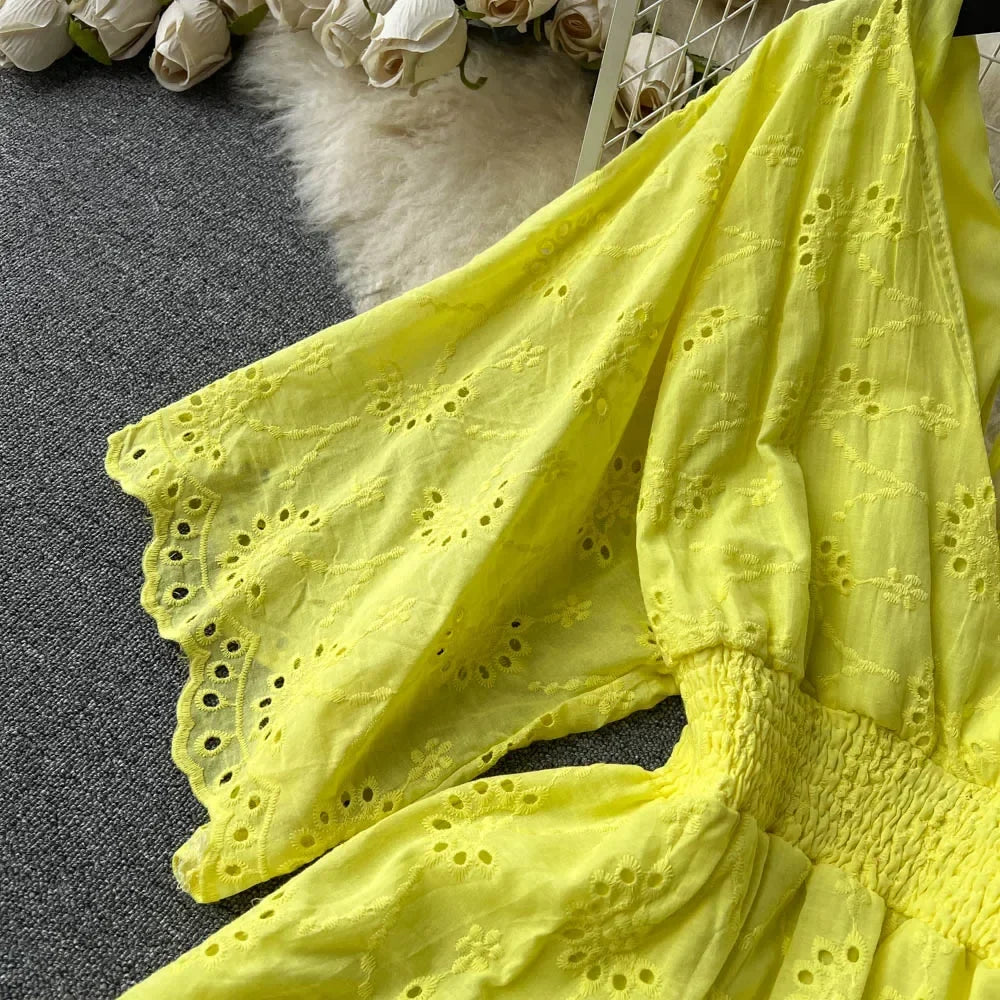 White/Purple/Blue V Neck Summer New Lace Embroidery Dress Women Short Sleeves Dresses Female Vintage Party Beach Midi Dresses