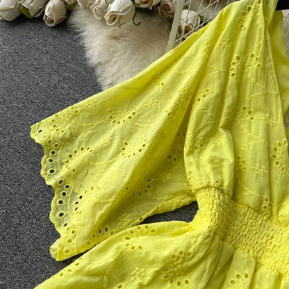 White/Purple/Blue V Neck Summer New Lace Embroidery Dress Women Short Sleeves Dresses Female Vintage Party Beach Midi Dresses