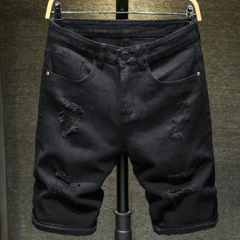 New White Jeans Shorts Men Fashion Ripped Knee Length Pants Simple Casual Slim Hole Denim Shorts Male Streetwear