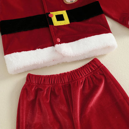Christmas Infant Baby Girl Boy Velvet Clothes Toddler Long Sleeve Lapel Button Down Tops Elastic Waist Pants Santa Costume Set
