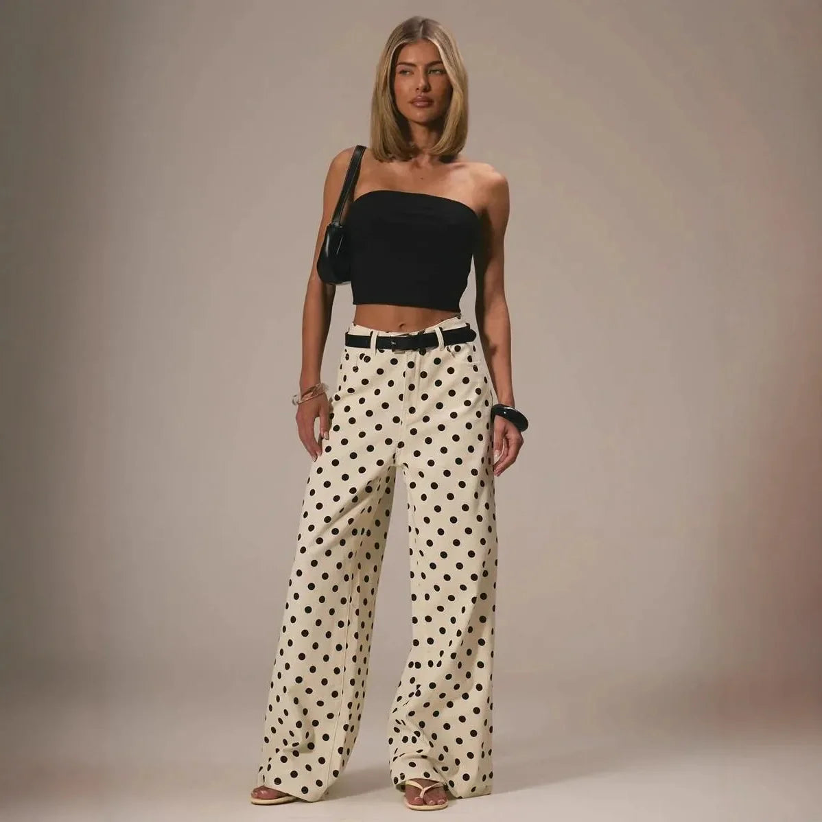 Spring Autumn High Wasit Jeans Pants Women 2026 Fashion Vintage Polka Dot Print Wide Legging Denim Trousers Bottoms Casual