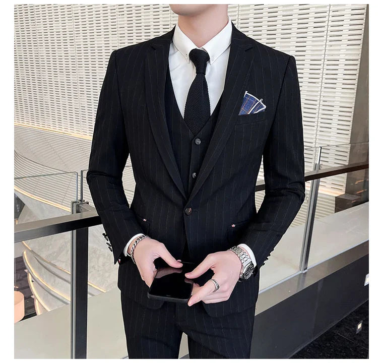 Winter Stripes Three-piece High-Grade Groom Wedding Suit with Vest And Trousers Business Fashion Handsome Casual Wedding Outfit