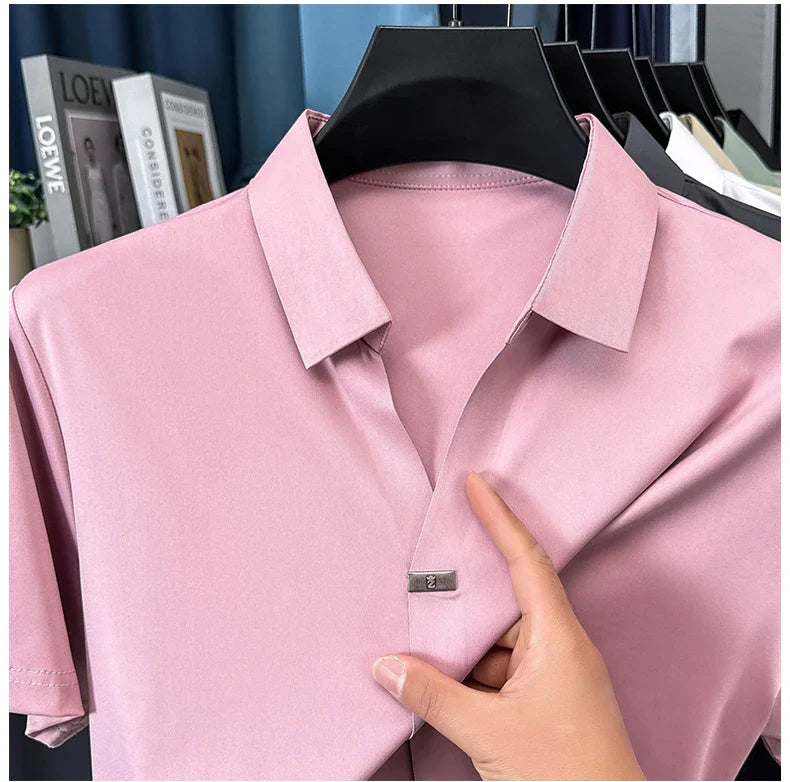 High quality ice silk short sleeve T-shirt men's lapel top trendy brand design cool silky breathable summer casual polo shirt