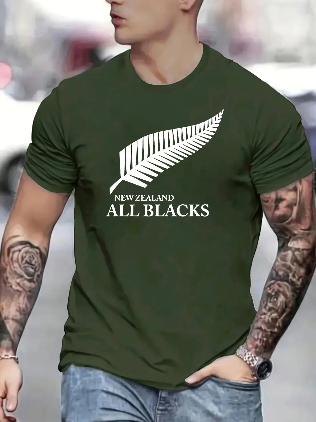 Men's Summer 100 Cotton Fashionable Casual Loose Large New Zealand Letter Feather Printed Round Neck Short Sleeve T-shirt Top