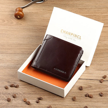 Men's Italian Top-Grain Cow Leather Short Tri-Fold Wallet – RFID Blocking & Gift Box