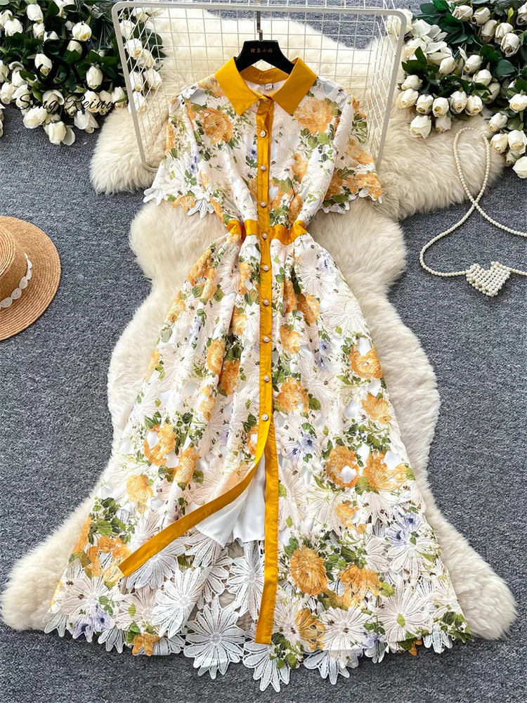 Embroidery Flower Vacation Dress French Style Blet Lapel Slim High Quality Hollow Out Ladies Elegant A-line Long Dress