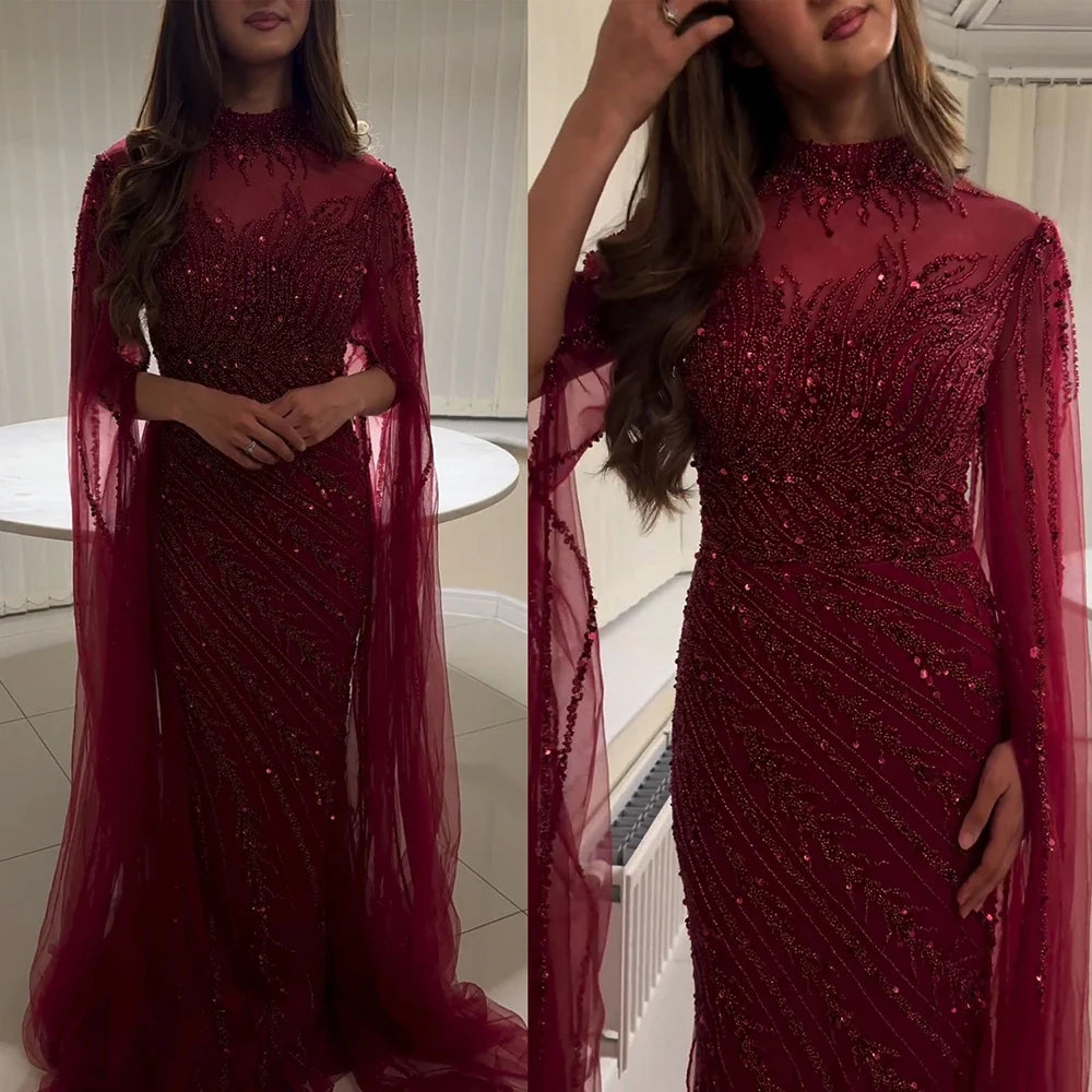 Luxury Beaded Evening Dress Cape Sleeve Dubai Sheer Neck Mermaid Formal Prom Wedding Party Gown Customized 2026