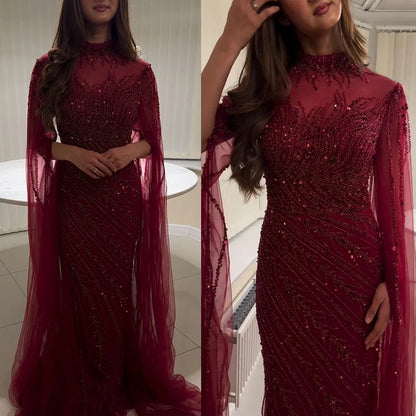 Luxury Beaded Evening Dress Cape Sleeve Dubai Sheer Neck Mermaid Formal Prom Wedding Party Gown Customized 2026