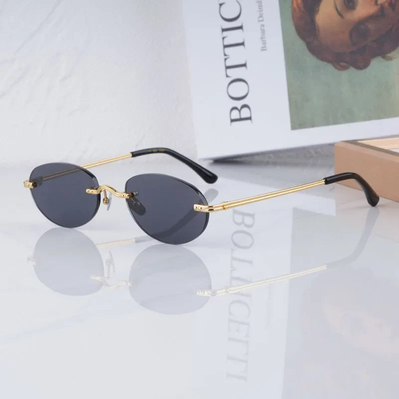 CLEO Small Oval Rimless Women's Sunglasses Alloy Men High Quality Fashion Design UV400 Handmade High Street Eyeglasses Wtih Case