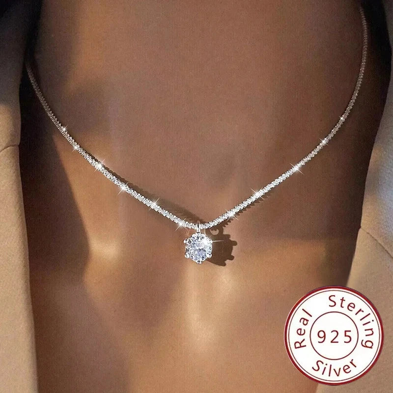 Real Moissanite Diamond 6 Prong Pendant Necklace 925 Sterling Silver Sparkling Cauliflower Chain for Women Wedding Fine Jewelry