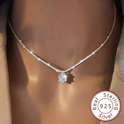 Real Moissanite Diamond 6 Prong Pendant Necklace 925 Sterling Silver Sparkling Cauliflower Chain for Women Wedding Fine Jewelry