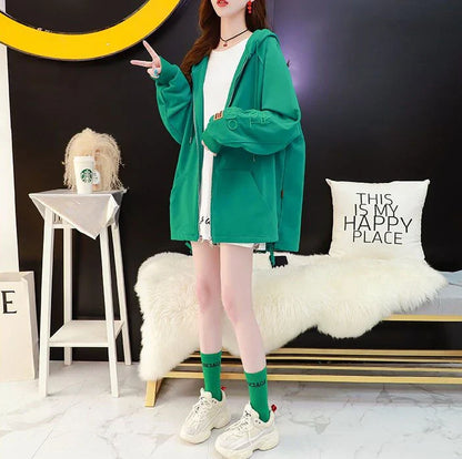 with Zipper Hooded Sweatshirt for Women Full Zip Up Embroidered Woman Tops Spring and Autumn Green Hoodies Long Dropshiping Coat