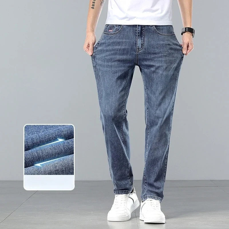  Brand Clothing Spring Summer Slim Men's Jeans Casual Breathable Cotton Fabric Stretch Denim Pants Blue Trousers Male Plus Size