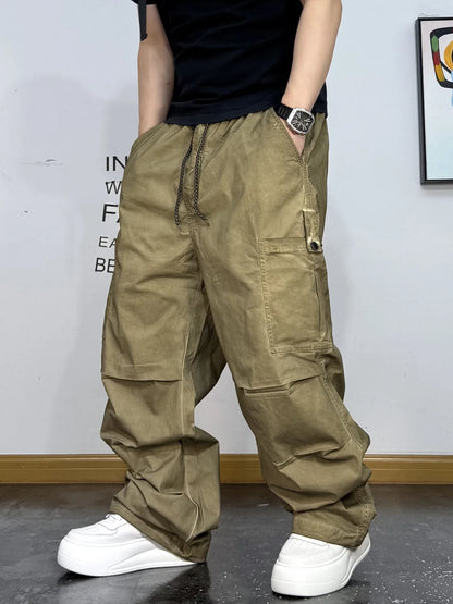 Mens American Vintage Baggy Cargo Pants Multi Pocket Distressed 100% Cotton Straight Leg Loose Fit Premium Quality Pants Trendy