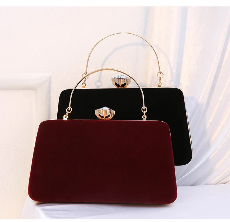 Luxury  Women Evening Bag Velvet Elegant Wedding Party Dress Banquet Clutch Bag Fashionable Metal Long Chain and Handle Purse
