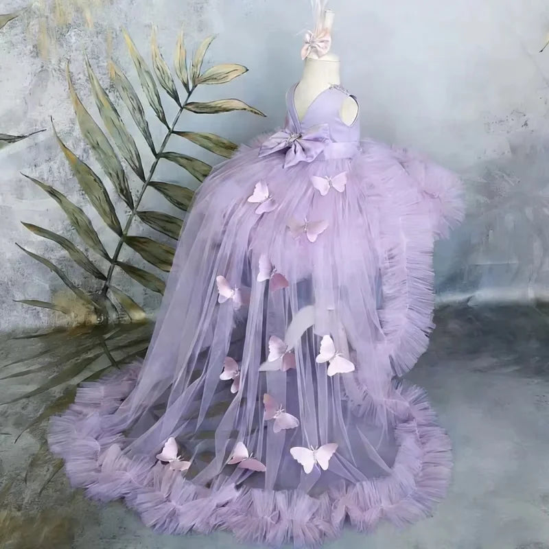 Puffy Girl Dress Pink Baby Dress with Train Flower Girl Dress Bow Cute Kid's Child Birthday Dresses Frist Communion