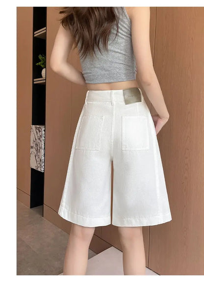 Women's 2026 Summer White Five-Point Denim Shorts Korean Y2K High Waist Loose Slimming Stretch Straight Leg Jeans