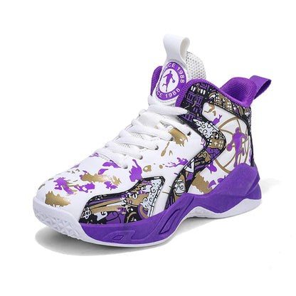 Original Children's Basketball Shoes Fashion Print Purple Basketball Sneakers Kids Training Shoes High Top Sports Shoes For Boys