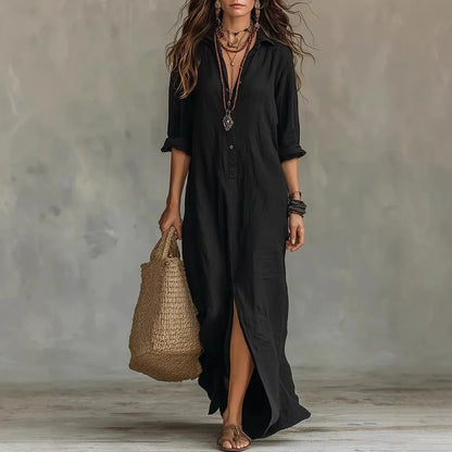 Casual Long Sleeve Loose Maxi Dress Women 2026 Summer Solid Color Turn-down Collar Beach Long Dresses Elegant Vestidos