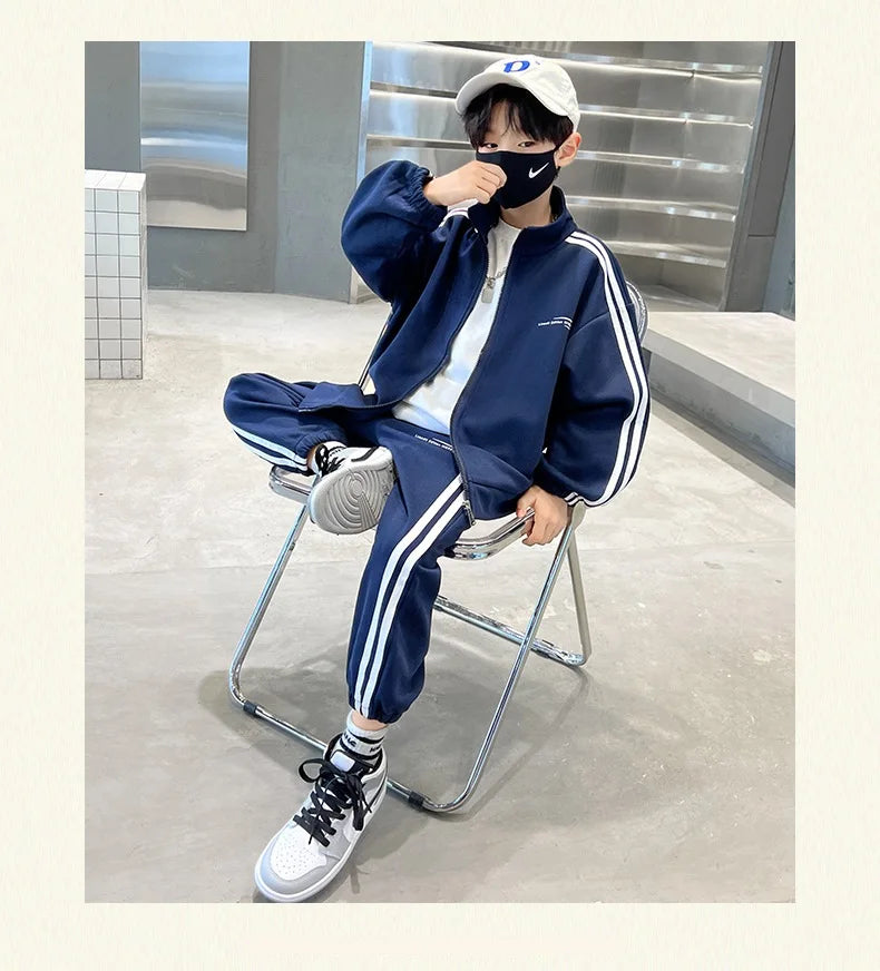 Spring Autumn Boys Navy Striped Zip Sweatshirt Coats+Sweatpant Sets School Kids Tracksuit Children Outfit Jogging Suit 3-14Yrs