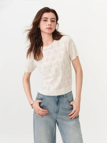 2026 Summer Women's Textured Cut-out Round Neck Short Sleeve Knit Top Soft Lightweight Breathable Blouse Elegant Style